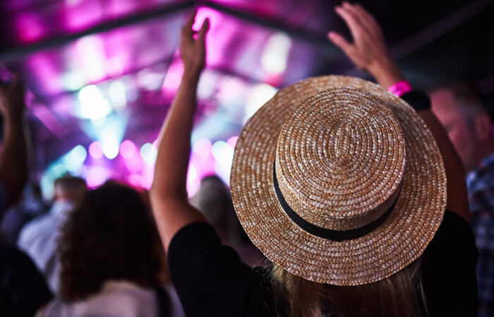 Person in a straw hat cheering at a concert